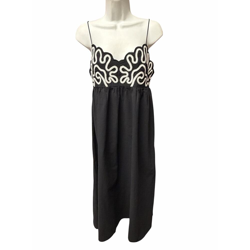 C/Me (Commense) Black Embroidered Midi Dress Spaghetti Strap Cotton Size M NWT - Picture 2 of 8